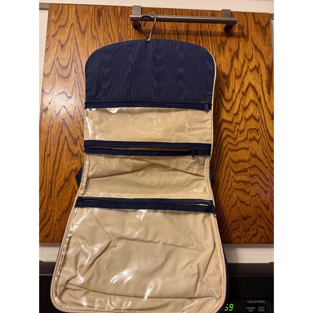 Vintage Navy Blue Moire Hanging Toiletry Bag Tri-Fold Travel‎ Organizer Case